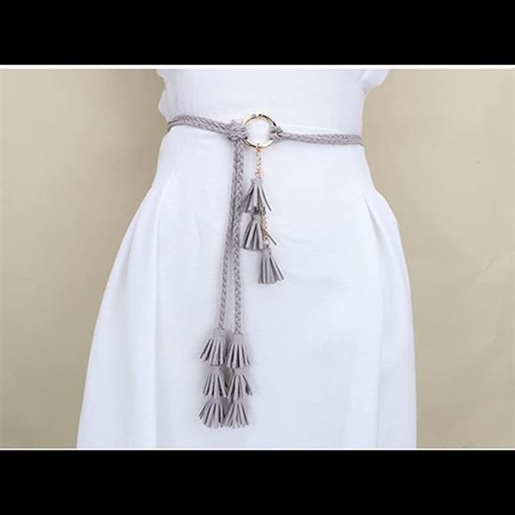 Women Girls PU Leather Waist Belt Chain Skinny Rope with Double Tassel for Dress main image 6